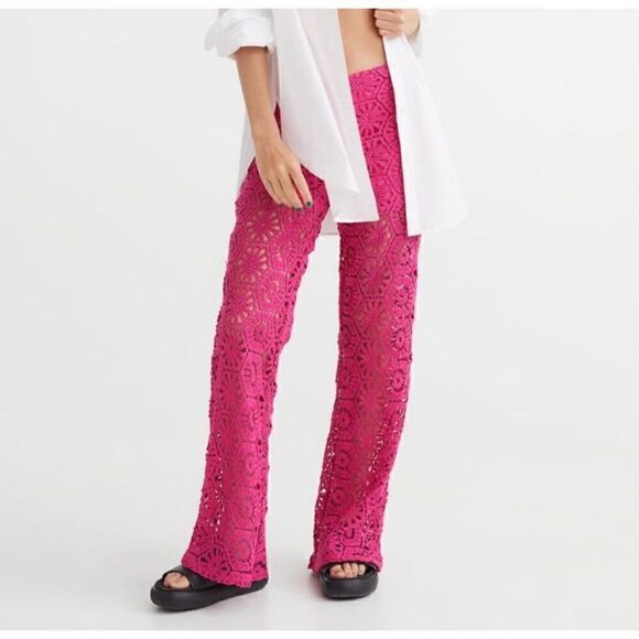H&M straight leg crocheted hot pink pants size L - Picture 3 of 16
